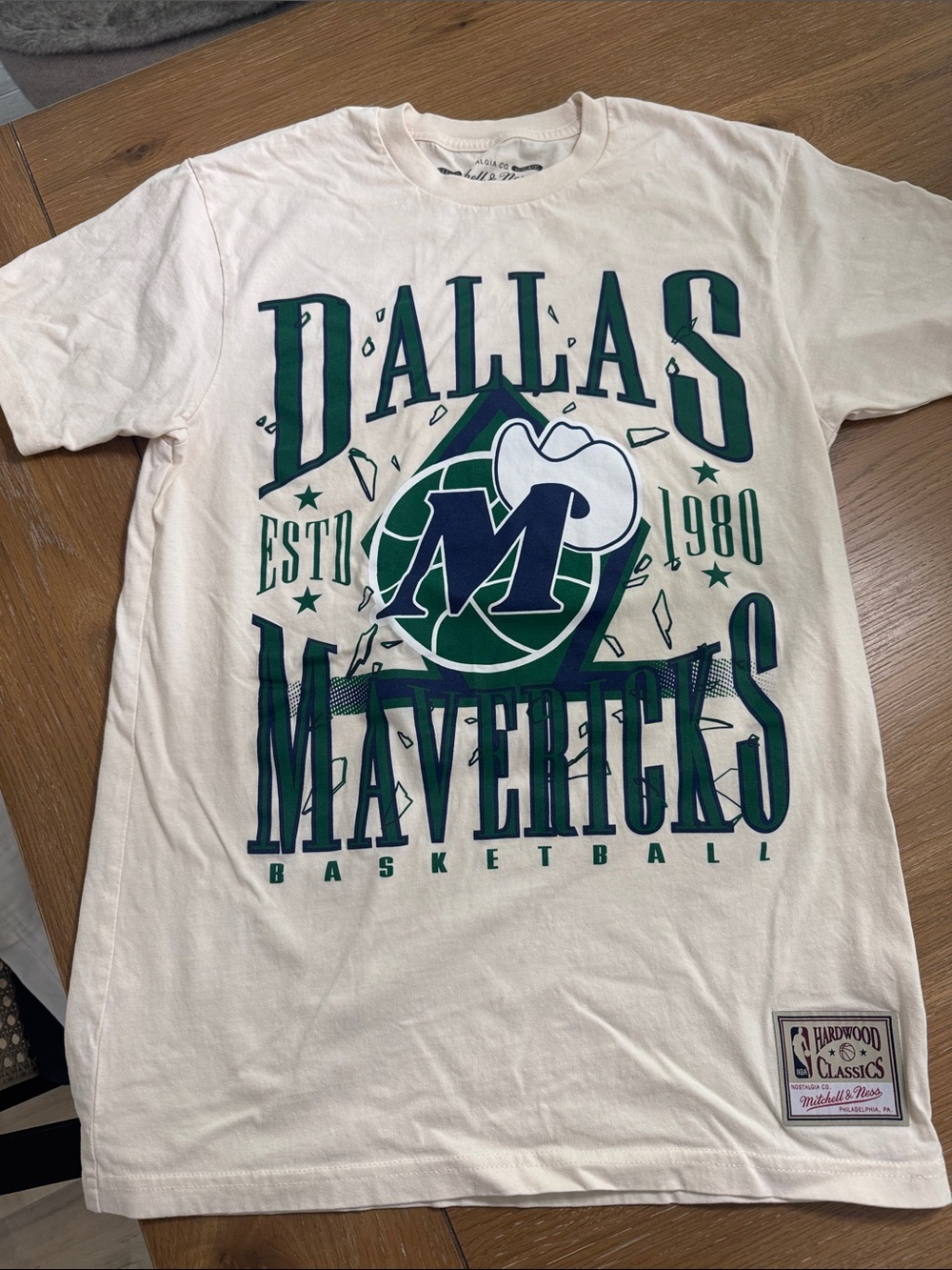 Mitchell & Ness White Tee with Green & Blue Lettering